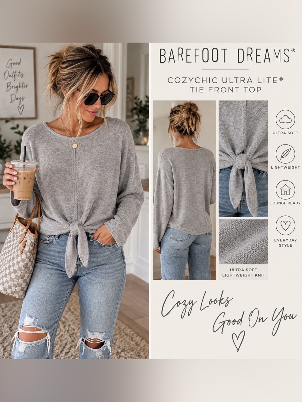 Barefoot Dreams Cozychic Ultra Lite Tie-Front Top — Light Gray